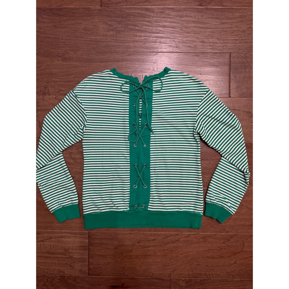 Halogen Womens Green White Striped Lace Up Back Sweatshirt Crew XS HA376306MI - Picture 3 of 6